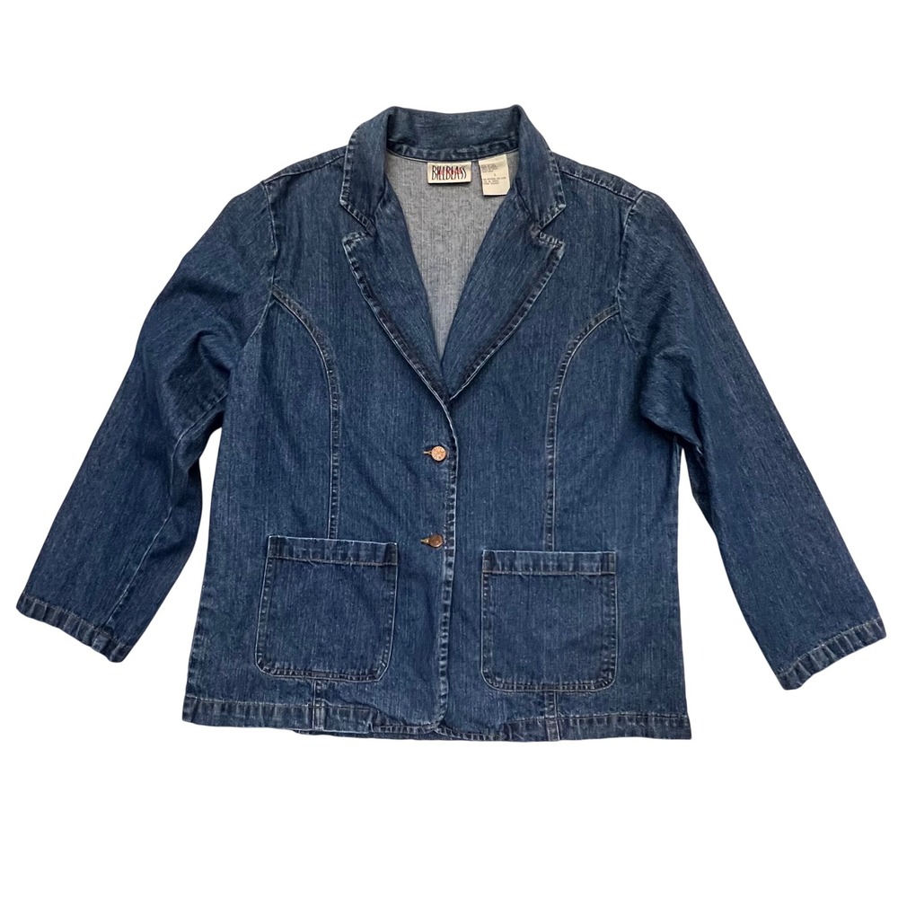 Bill Blass Vintage 90s Retro Blue Button Front Denim Cotton Blazer Jacket Size L